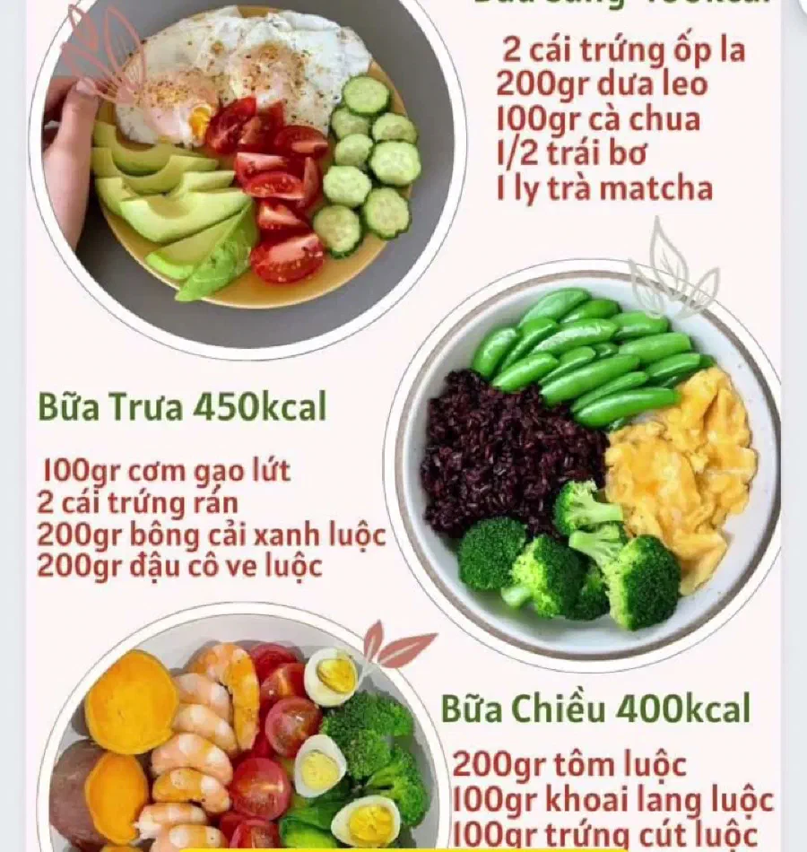 Thực đơn mẫu một ngày: bữa sáng, bữa trưa 450 kcal, bữa chiều 400 kcal